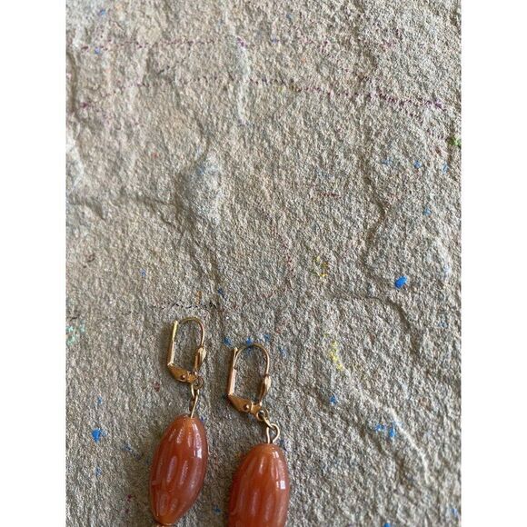 Vintage Earrings Dangle Copper Glass Orange Stone 1.75 Inches Beaded - Picture 3 of 4
